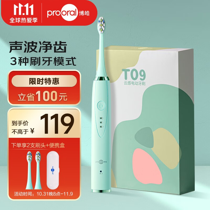 博皓（prooral） 声波电动牙刷 成人无线感应充电软毛情侣震动牙刷 T09 配便携盒 棉云绿