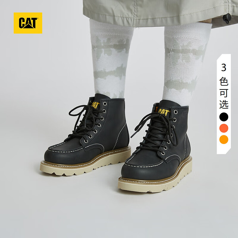 卡特（CAT）马丁靴工装靴女鞋牛皮革鞋面时尚复古女靴商场同款 黑色 36