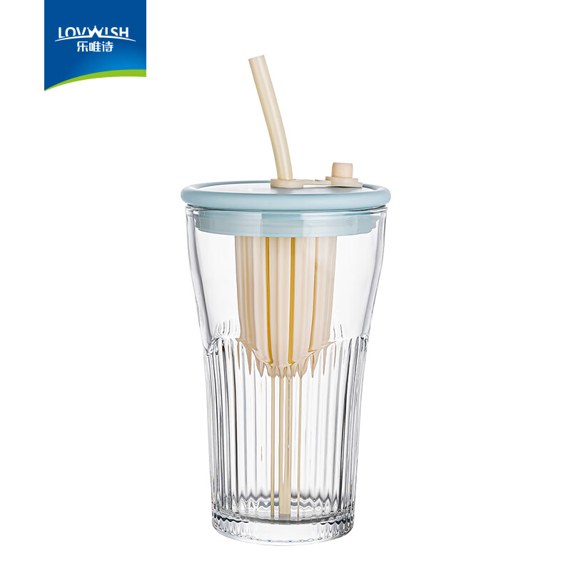 乐唯诗（NERVISHI） 玻璃杯吸管电镀杯玻璃水杯女杯子带盖杯牛奶杯咖啡杯 乐康吸管杯【天蓝】 470ml 1只