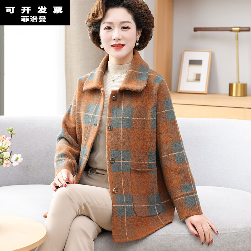 菲洛曼大妈 春装外套中年毛呢子外套洋气2024新款中老年女春时尚格子