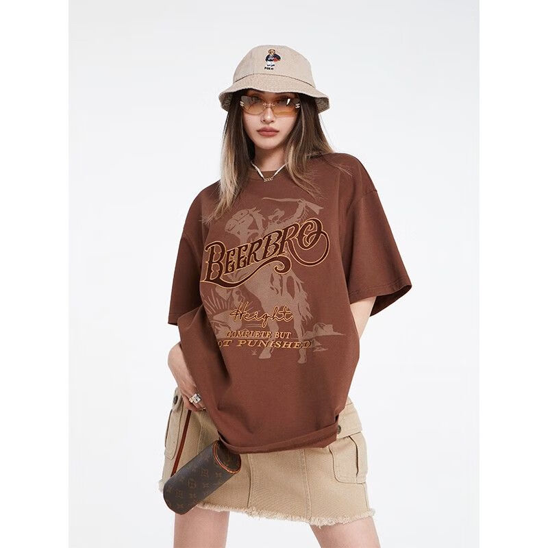 古跃鸿复古港风中学生夏天衣服中袖t恤女重磅美式复古西部风短袖女