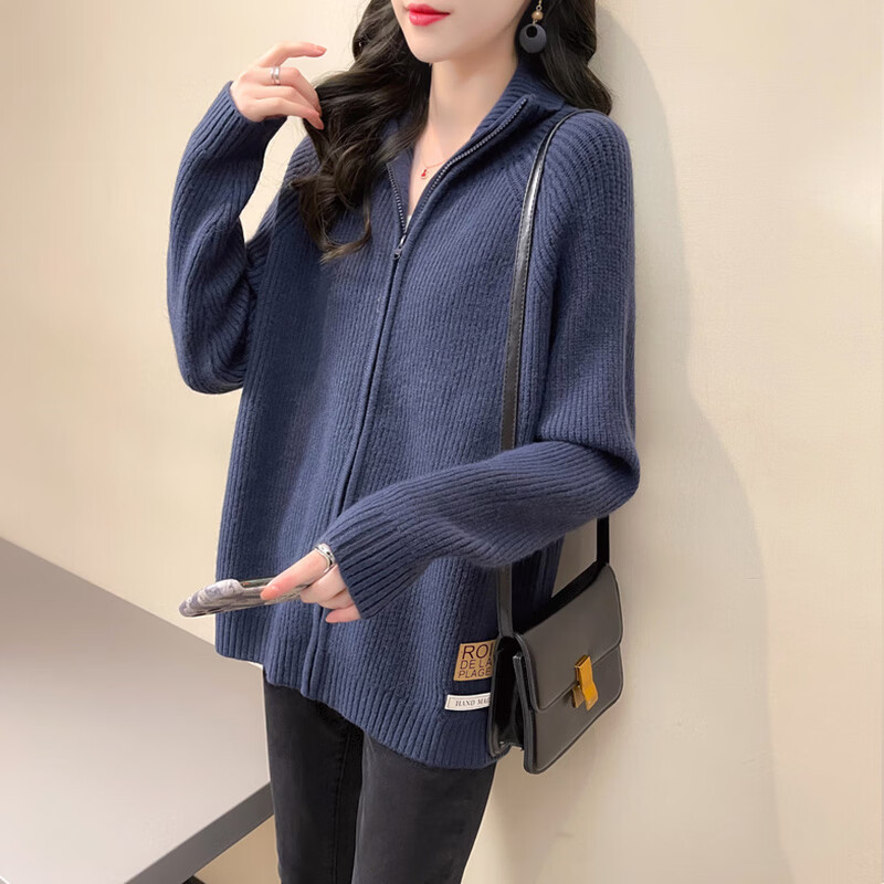 春秋开胸毛衣外套毛线衣早秋女士毛衣外穿拉链针织开衫2022年 藏青色