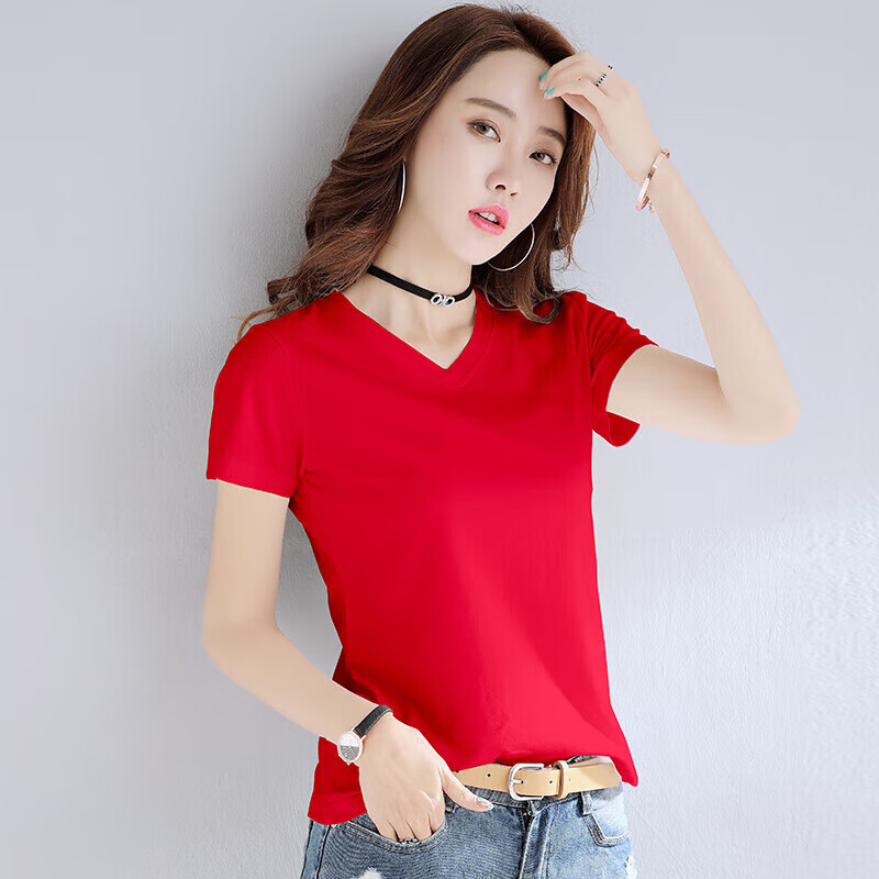 吻艺秀女士鸡心领半截袖半袖女t恤短袖女上衣夏天穿的莫代尔棉体打底