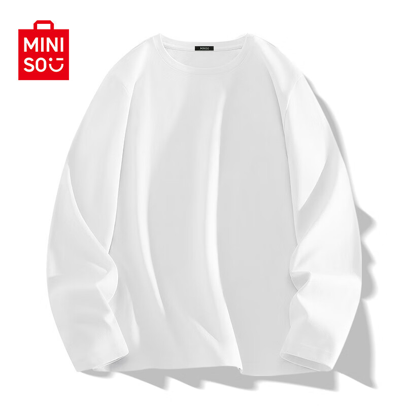 名创优品（MINISO）初秋纯棉打底衫男春秋重磅圆领内搭上衣男女生百搭纯色长袖T恤潮 白色(纯色) L 175(名创优品 品控严格)