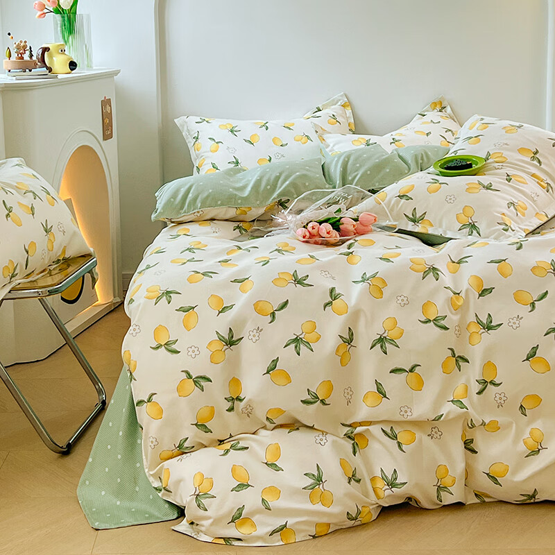 羽匠春季小清新印花四件套学生宿舍套件家用床单柔软四件套ins 清香柠檬 床单款 （被套150*200cm）三件套