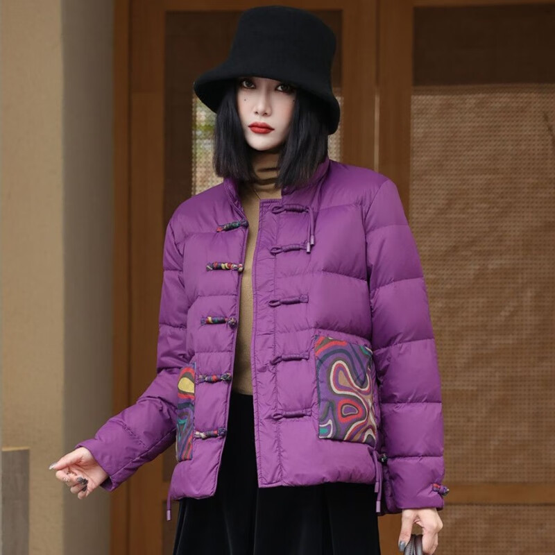 过年穿的衣服女装40岁50岁复古文艺短款轻薄服女中式盘扣民族 紫色 m