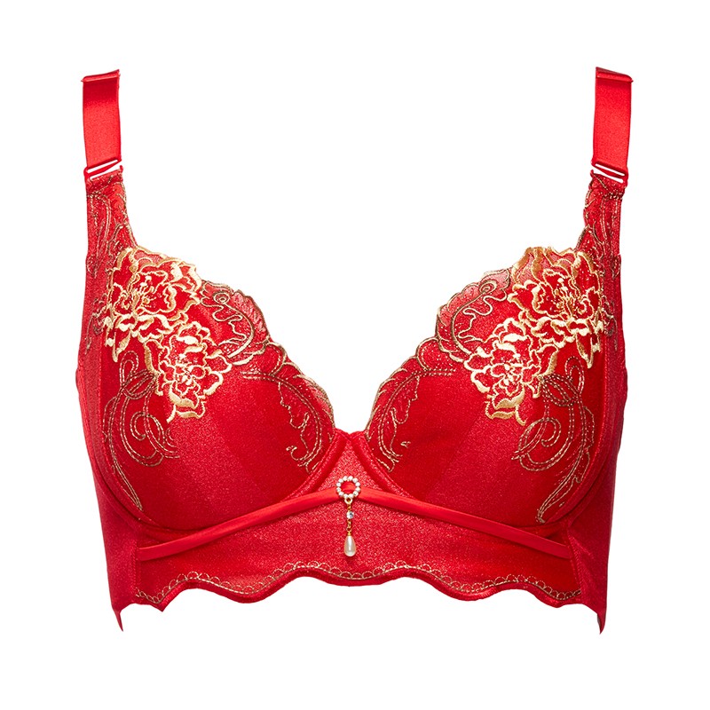 贝佳人性感薄款透气大码女士内衣花朵刺绣调整型聚拢文胸胸罩 中国红