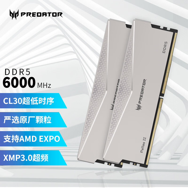 宏碁掠夺者（PREDATOR）64G(32G×2)套装 DDR5 6000频率 台式机内存条 Pallas II 凌霜系列（C30）