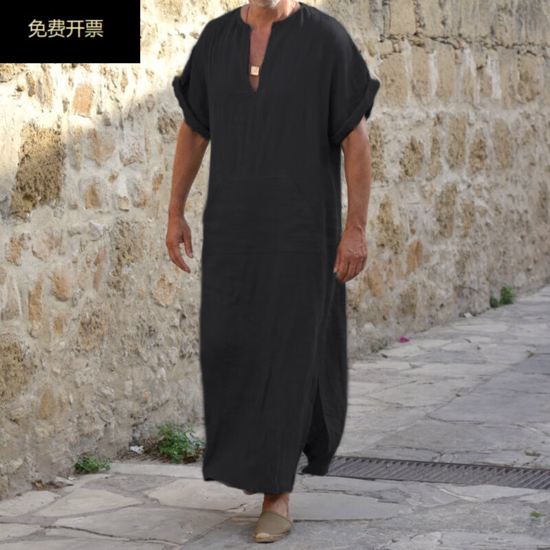 中东迪拜长袍沙特阿拉伯服装款男士短袖大衣打底大袍子棉麻大t褂子裙