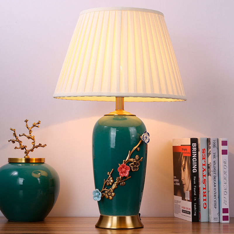 镭特陶瓷台灯花瓶卧室床头灯装饰新中式样板房全铜调光角几客厅大台灯