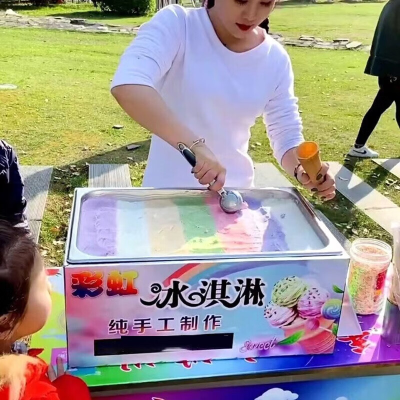 冰激凌机商用冰淇淋机摆摊不锈钢雪糕机网红彩虹手工圣代保温甜筒机器小推车 大内胆套餐三