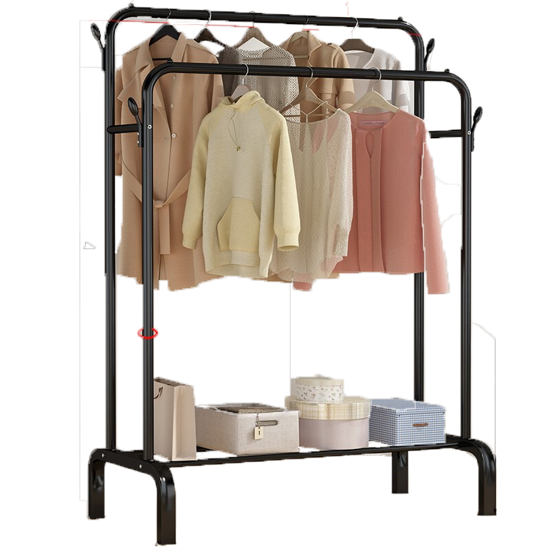 晾衣架落地挂衣服架子简易衣架落地杆卧室内晾衣杆晾衣服架双杠式衣架杆组装家用挂衣架双杆 150cm-【白色双杆】双衣帽钩+双层置物网+轮子