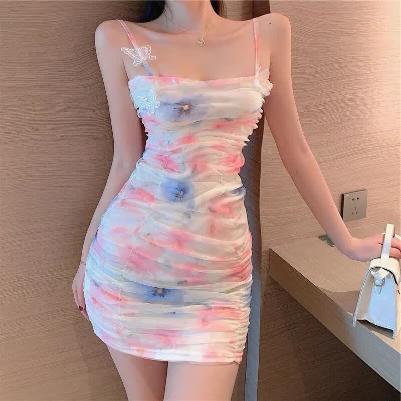 吊带裙子掉带性感连衣裙泫雅网纱吊带晚礼服裙2022新款彩虹包臀短裙