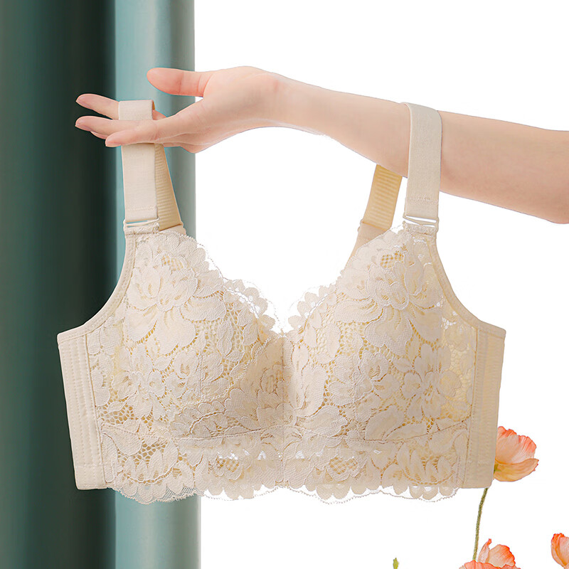 无钢圈透气蕾丝胸罩侧收刺绣文胸大胸显小全罩杯内衣女 米白色 85c