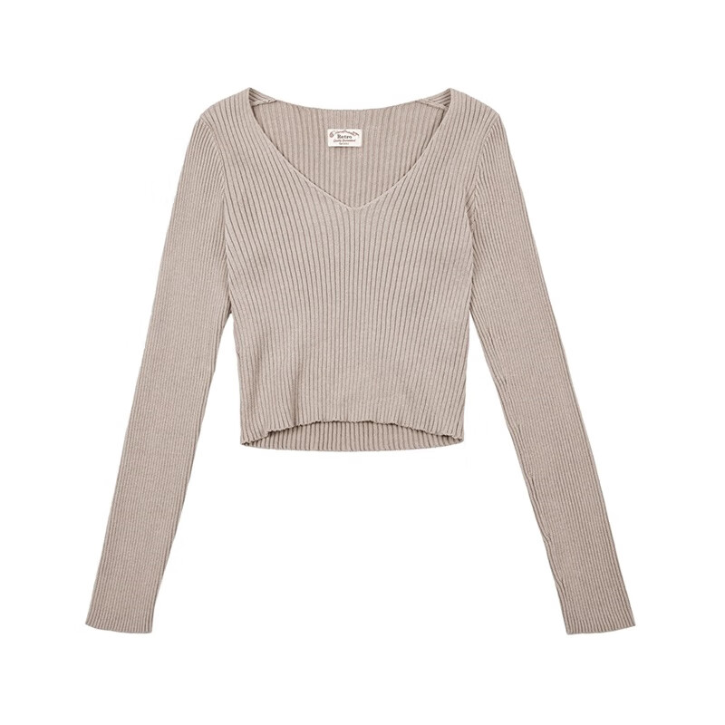 马登女装 美式复古针织纯棉内搭V领显瘦打底衫秋短款修身百搭上衣 沙砾色 M