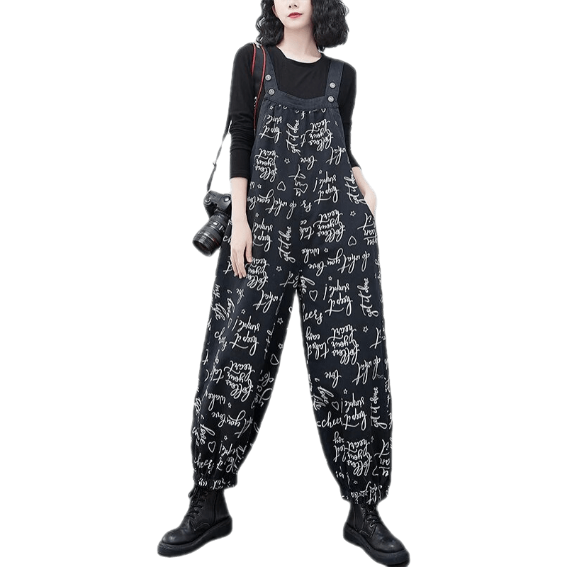 UOSU輕奢潮牌印花牛仔背帶褲女2023春季新款寬松顯瘦連體褲休閑長(zhǎng)褲子 英文字母 XL【建議140-160斤】