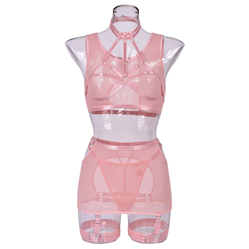 微侬情趣内衣欧美女装时尚新款性感绑带复杂重工艺情趣内衣5件套 粉红