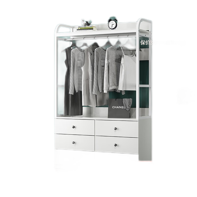 波克夏 铁艺衣帽架衣架落地卧室客厅多功能挂衣架简易北欧置物架 白色板+白架 两层两抽长45宽40高192cm