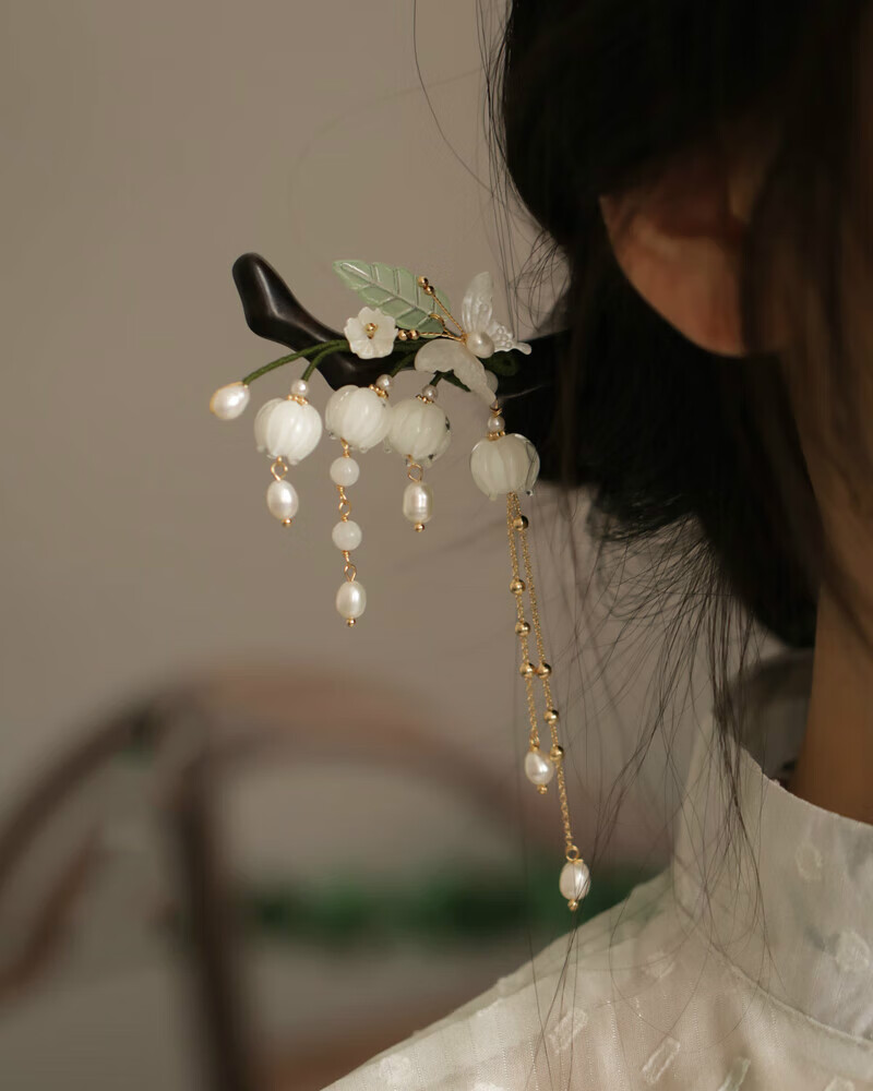 清新白色铃兰黑檀木发簪国风旗袍配饰茶服日常丸子头盘发头饰发饰