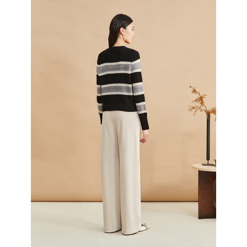 YINER音儿专选冬季女装海马毛羊毛混纺撞色条纹针织衫 黑色 M 38