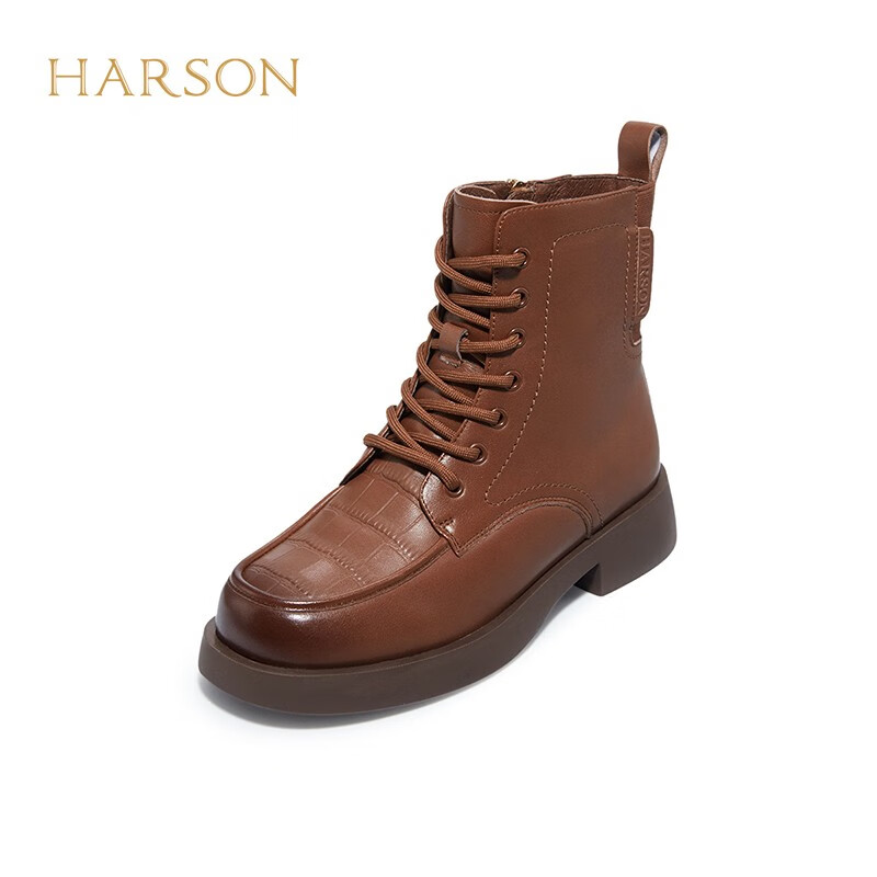 哈森2022冬季商场同款休闲方跟圆头马丁靴日常绑带女靴HA222521 姜饼色牛皮革 39