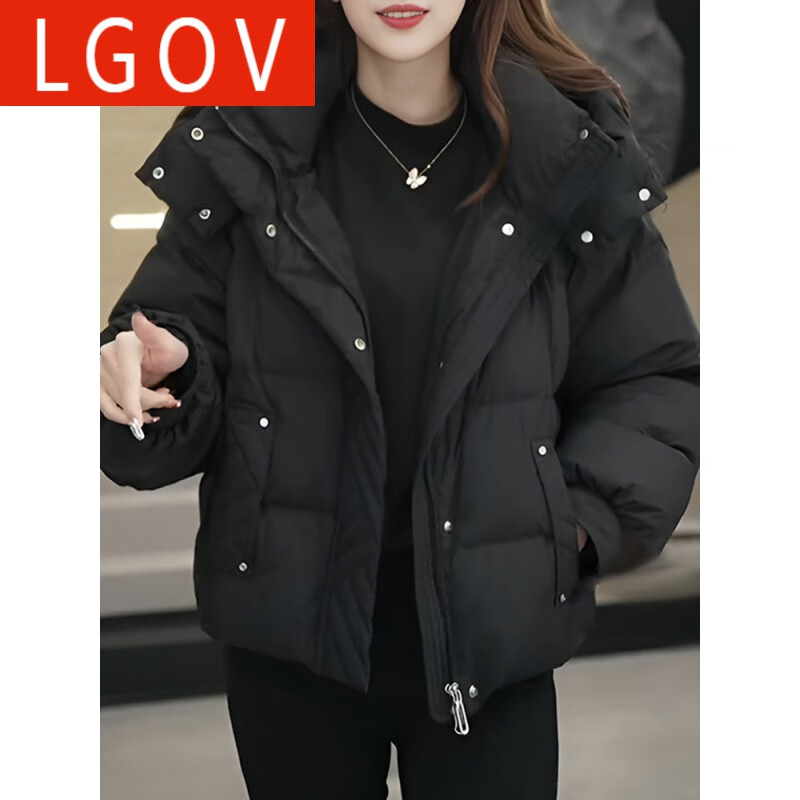 LGOV女装旗舰店短款连帽棉服女秋冬新款小个子夹棉加厚棉袄立领保暖羽绒棉衣外套 黑色 【现货】 S 【85-95斤】