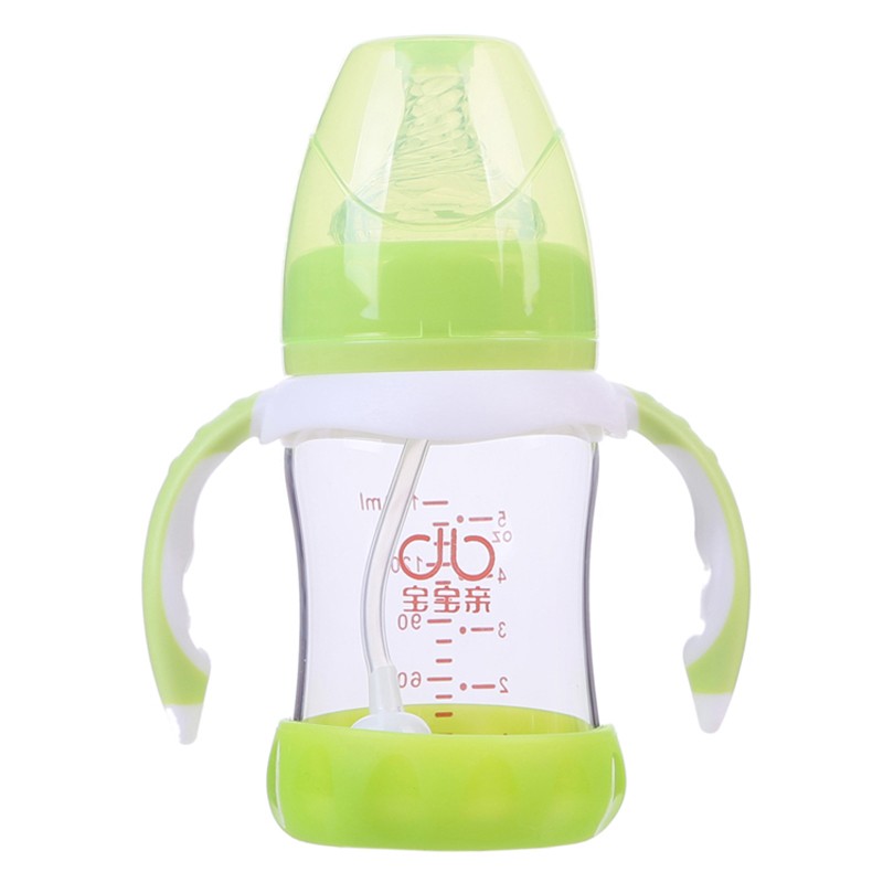 宝宝亲 婴幼儿高硼硅晶钻玻璃奶瓶 宽口径奶瓶 防胀气安全防摔底座 喝奶喂水 150/210ml 150ml-绿色