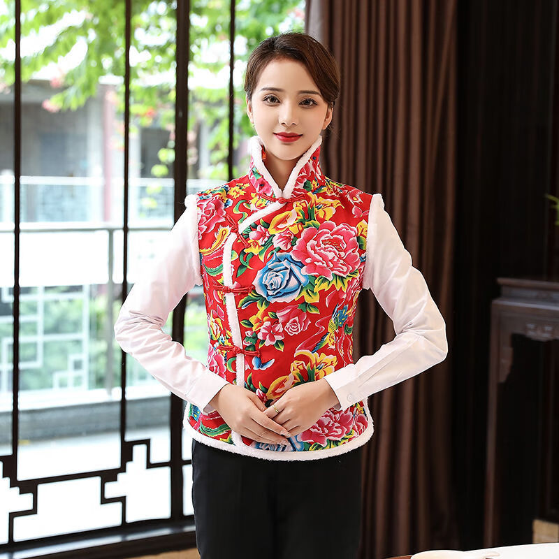 璟浩女士东北大花马甲背心民族风演出服圣诞节年会活动布男女式棉上衣