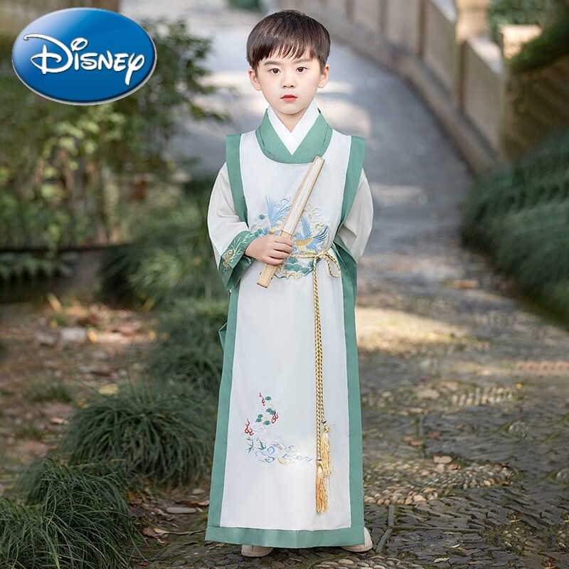 夏季儿童李白古风国学服唐装国风唐朝古装书生演出服 米色衣服 扇子