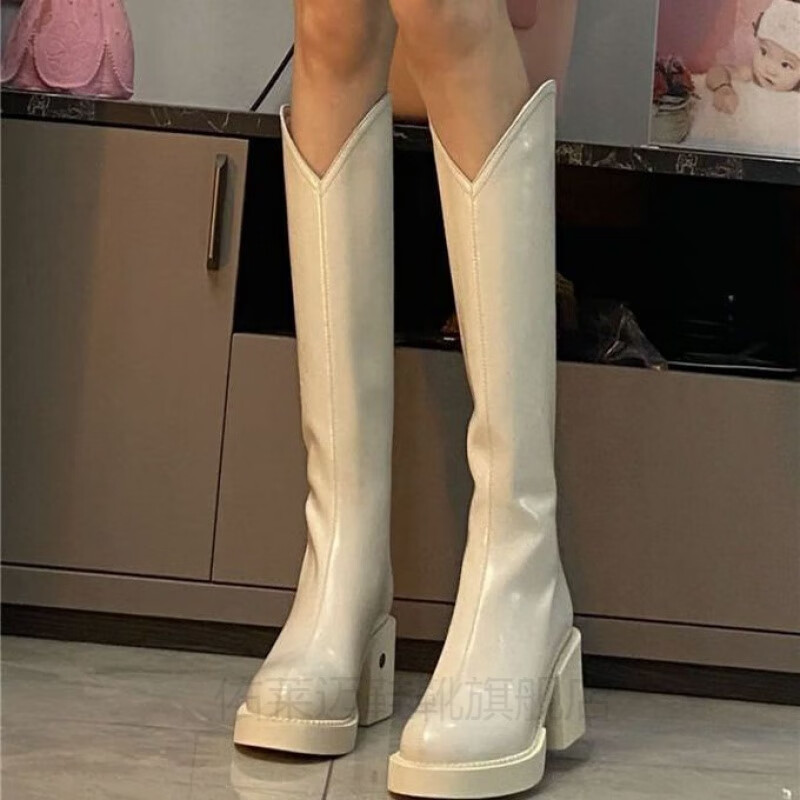 佑莱迈胖妹妹靴子高筒靴大粗腿长筒靴腿粗马靴女长靴白色女厚底v口