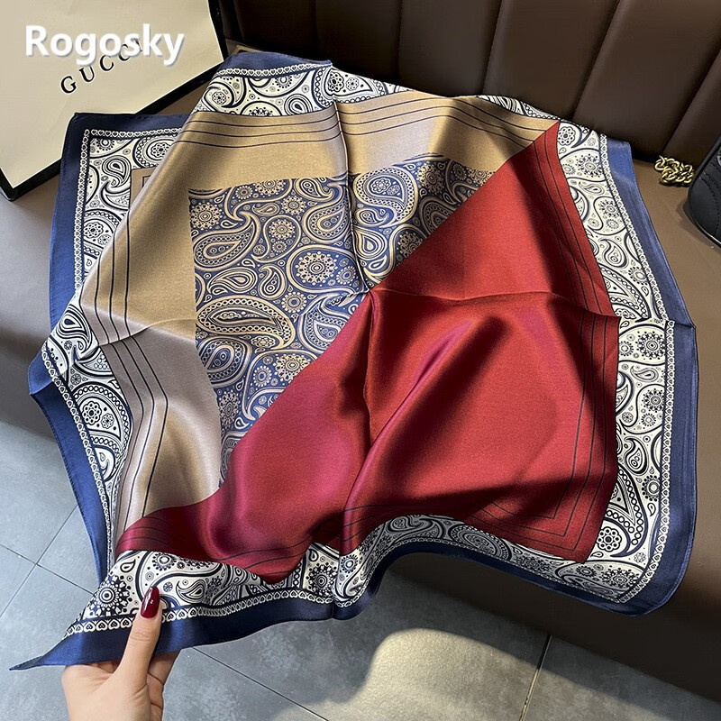 rogosky专柜潮牌春夏薄款丝巾拼接腰果花仿真丝方巾装饰领巾绑包轻奢