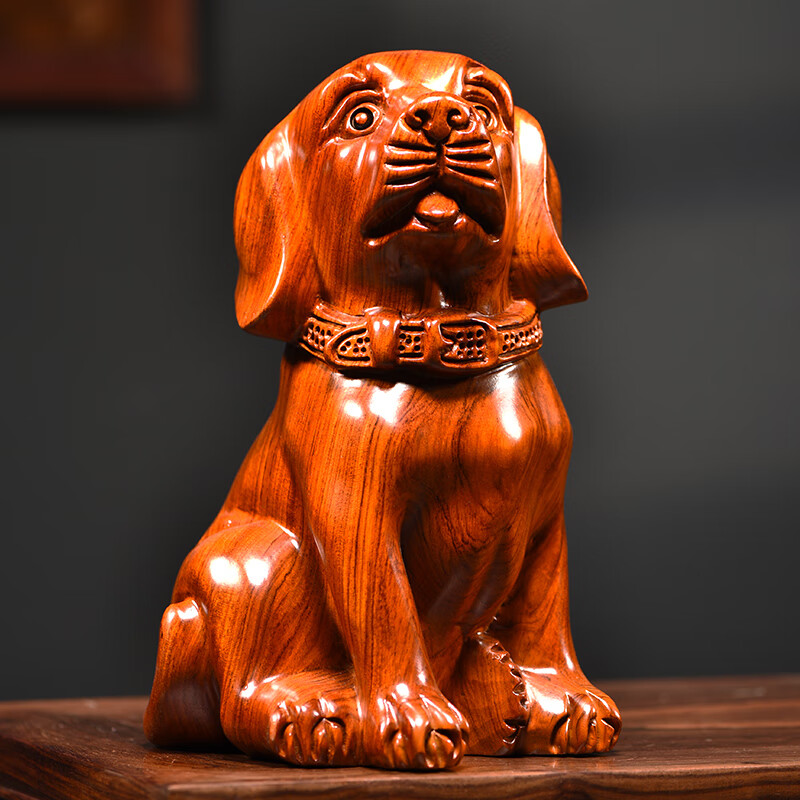梵粟 黄花梨木雕小狗摆件旺财生肖狗实木雕刻工艺品客厅玄关装饰酒柜