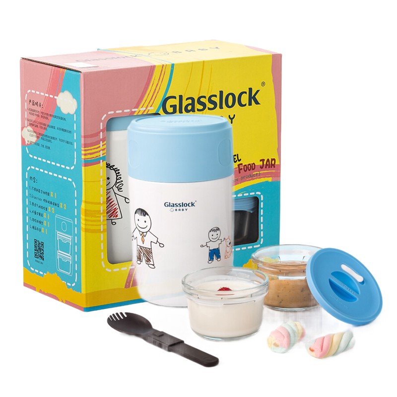 Glasslock 焖烧杯 不锈钢真空焖烧罐 保温饭盒 婴儿辅食保温桶 儿童餐具套装 蓝色