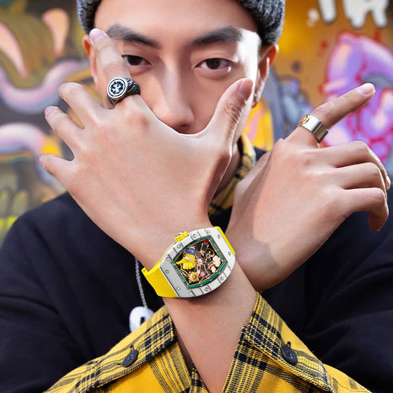 布加迪（BONEST GATTI）德国手表碳纤维男士镂空全自动机械表时尚轻奢酒桶型大表盘腕表 BG9001-R1白壳彩面黄胶带