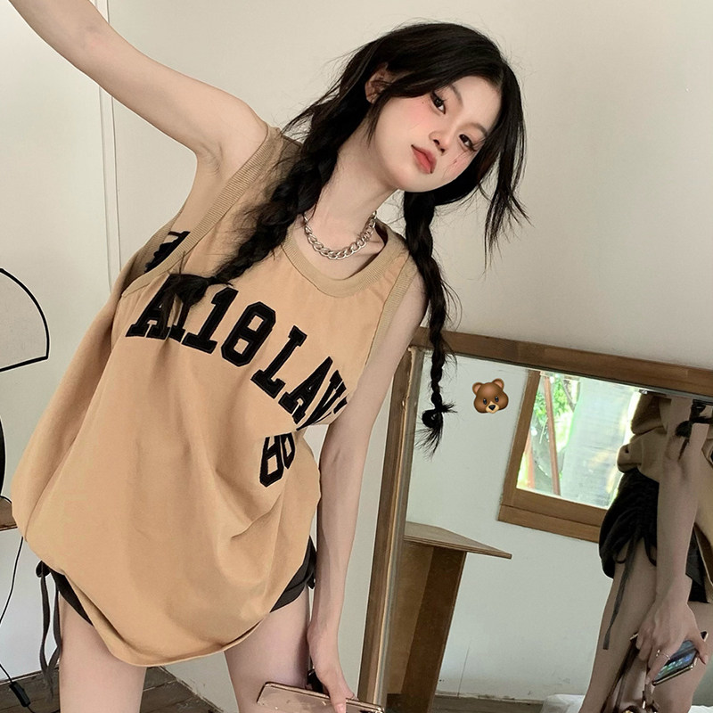 球衣吊带背心女夏季外穿宽松篮球服无 卡其色背心【甜美/显瘦/ins超火