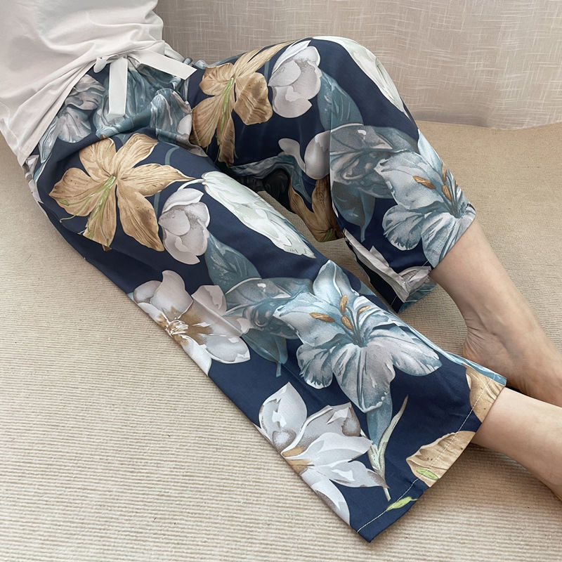 版九分女士薄绸阔腿裤网红居家可外穿人造棉裤子 花鸟 2xl(适合80-140