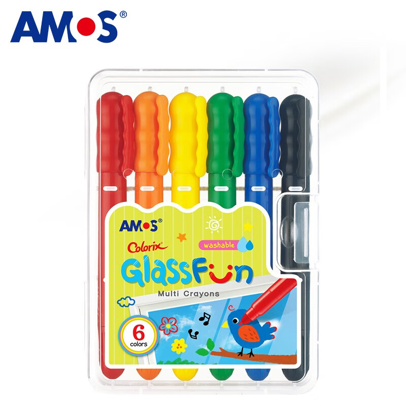 韩国阿摩司（AMOS）原装进口多用途玻璃蜡笔 无味可水洗儿童玻璃白板蜡笔 6色GF6PC