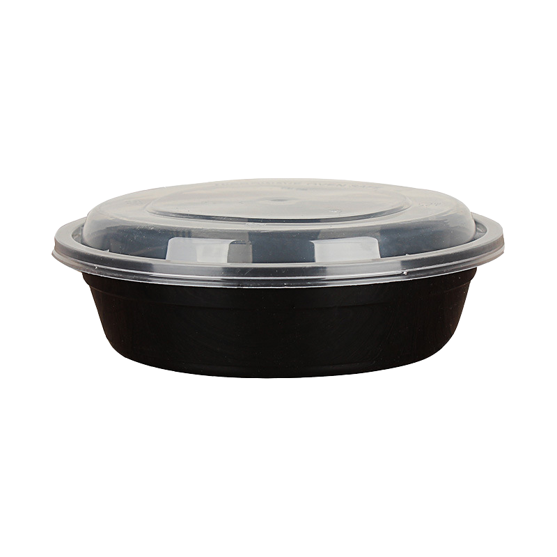 百厨坊 一次性饭盒圆形黑色塑料美式快餐盒150只装700ml带盖加厚外卖打包盒水果盒子便当汤碗餐具