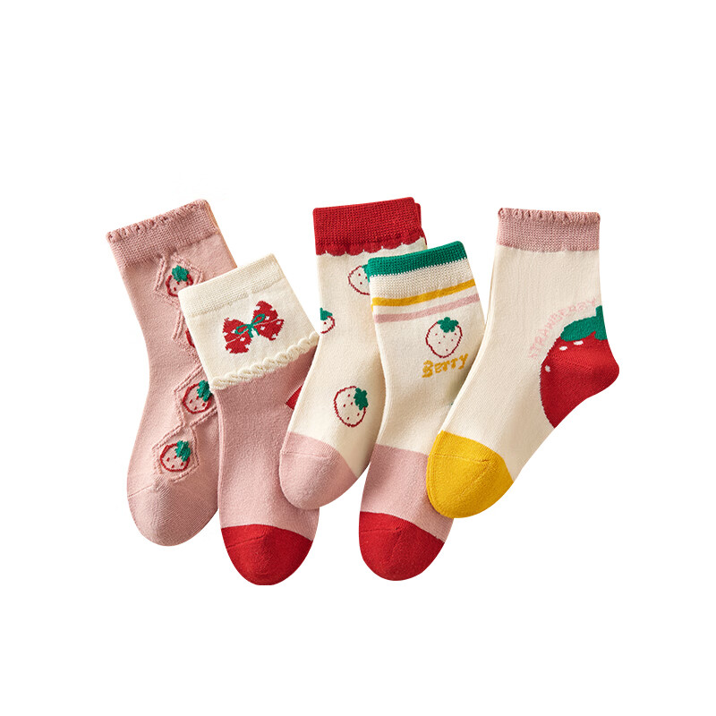 caramella儿童袜子男童女童棉袜亲肤透气中筒袜可爱卡通袜休闲 蝴蝶结草莓5色 5双 9-12岁 (XL)