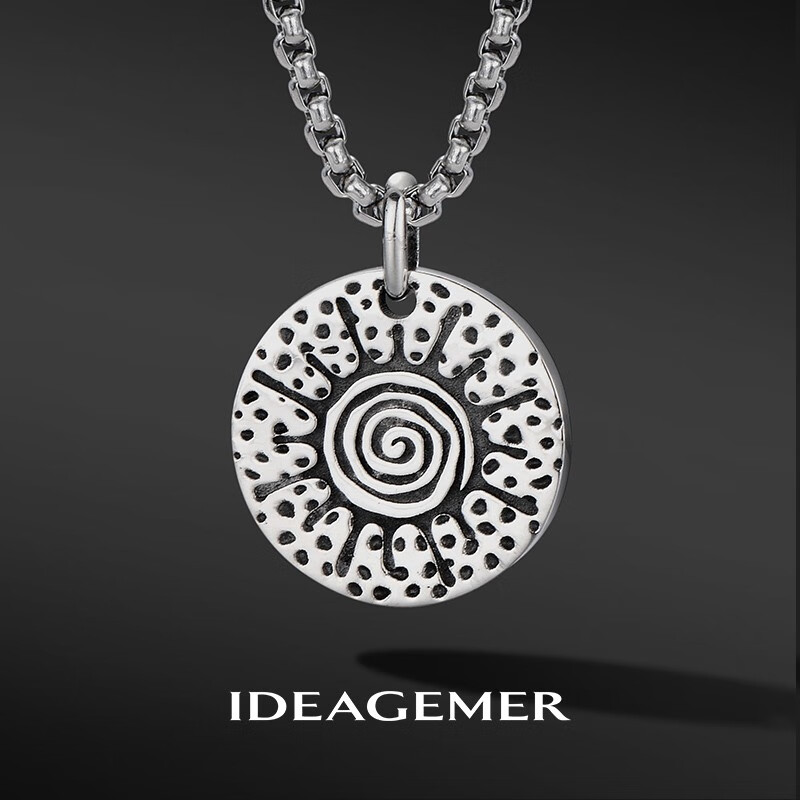 gemer925银太阳项链男士个性小众复古设计感男生高街圆圈圆牌吊坠首饰