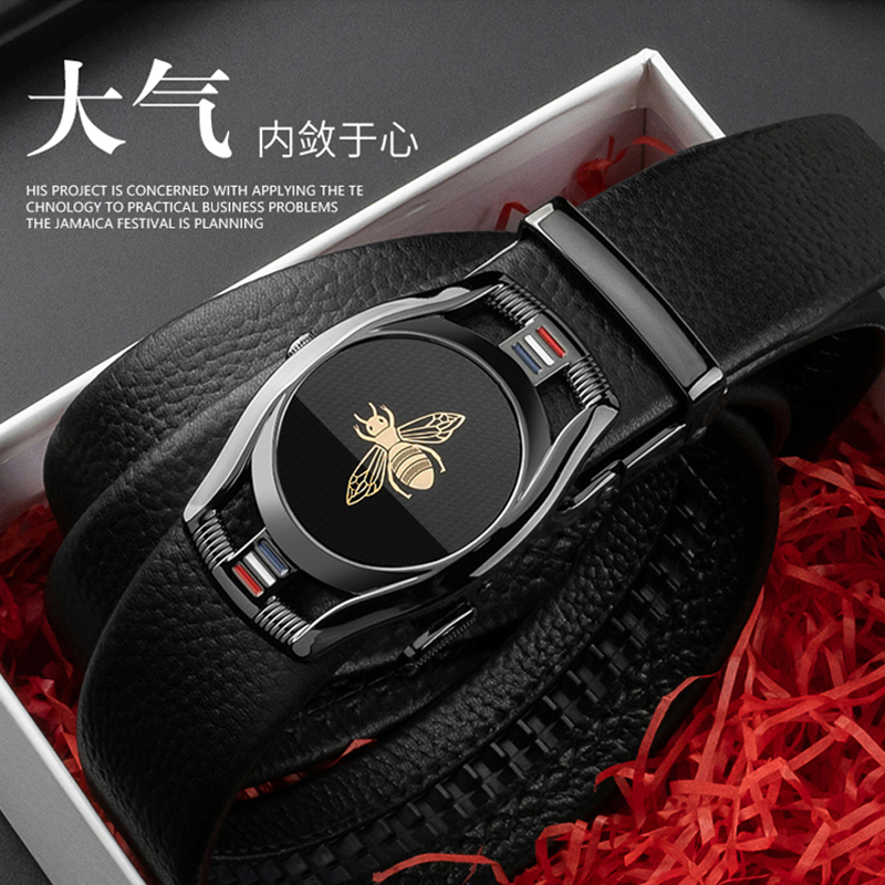 POACY真皮头层牛皮带 男士腰带捷豹子 情人节裤带男式款 礼盒装 852枪色扣头层牛皮黑身 115cm 【默认发115cm】