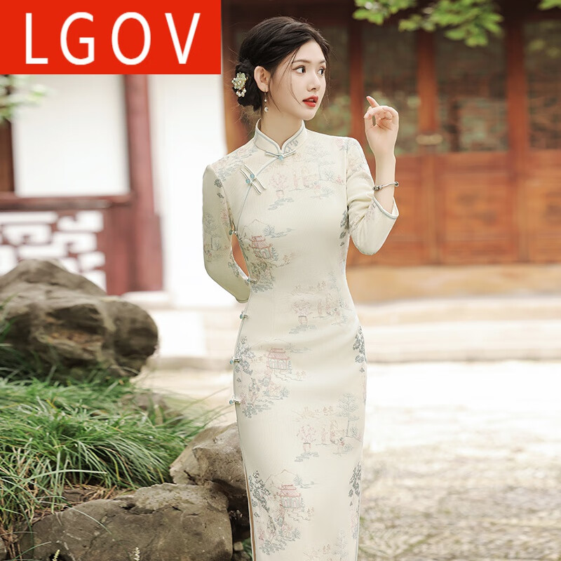 LGOV旗袍新款2025春秋季長(zhǎng)款復(fù)古中國(guó)風(fēng)高貴氣質(zhì)高端年輕款長(zhǎng)袖連衣裙 米白色 XL