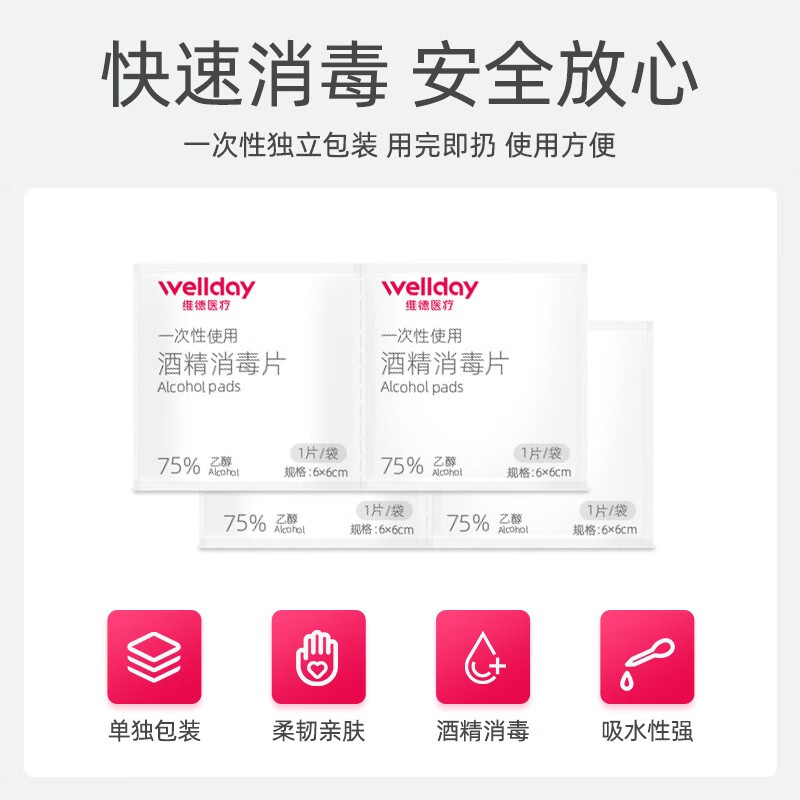 维德(WELLDAY)酒精棉片医用消毒手机消毒痘痘脸部一次性伤口清洁杀 酒精棉片【50片/盒】*4