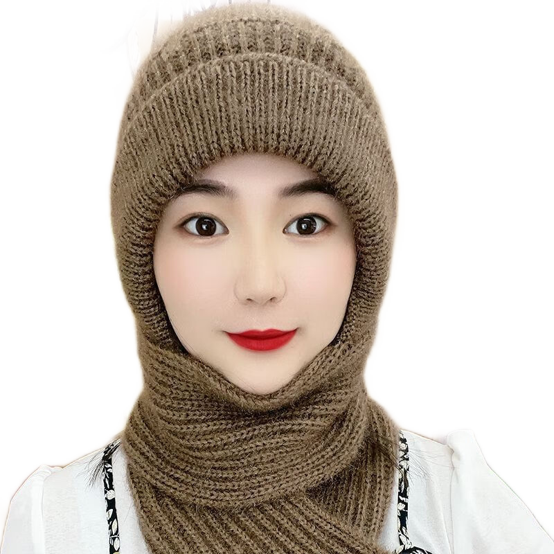 浩冠 帽子女秋冬季時(shí)尚帽子圍巾一體冬天保暖防風(fēng)棉帽加絨毛線帽騎行護(hù)耳針織帽 白色