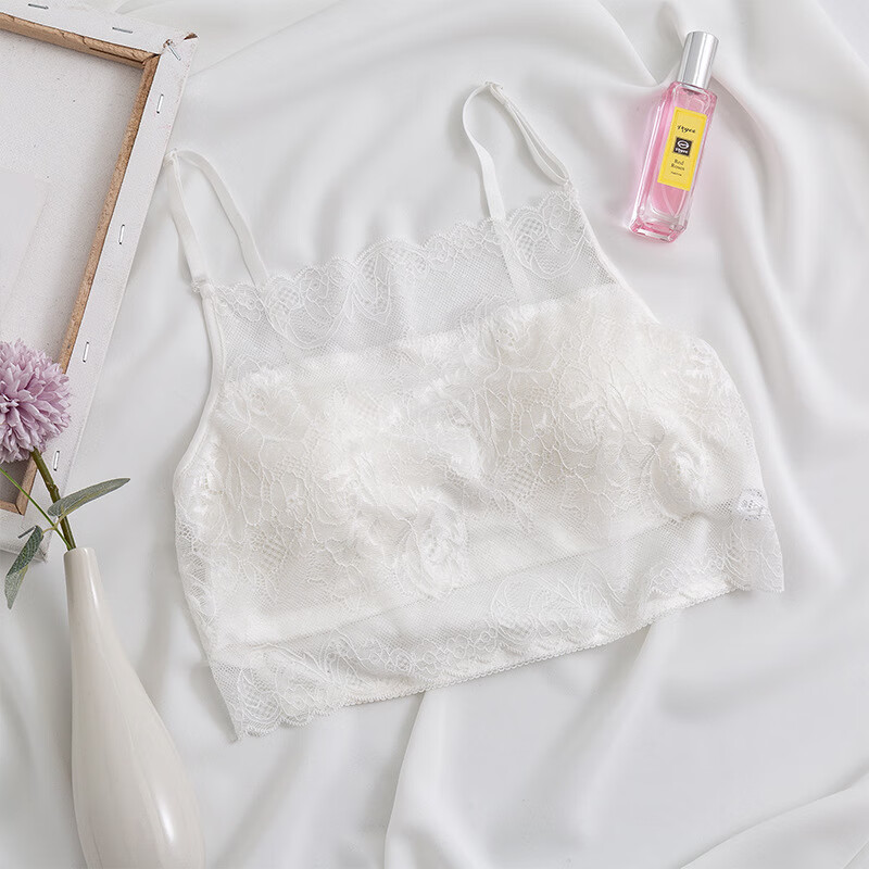 mms)轻奢真丝吊带抹胸大码蕾丝裹胸打底胸衣内衣有胸垫防走光女 白色