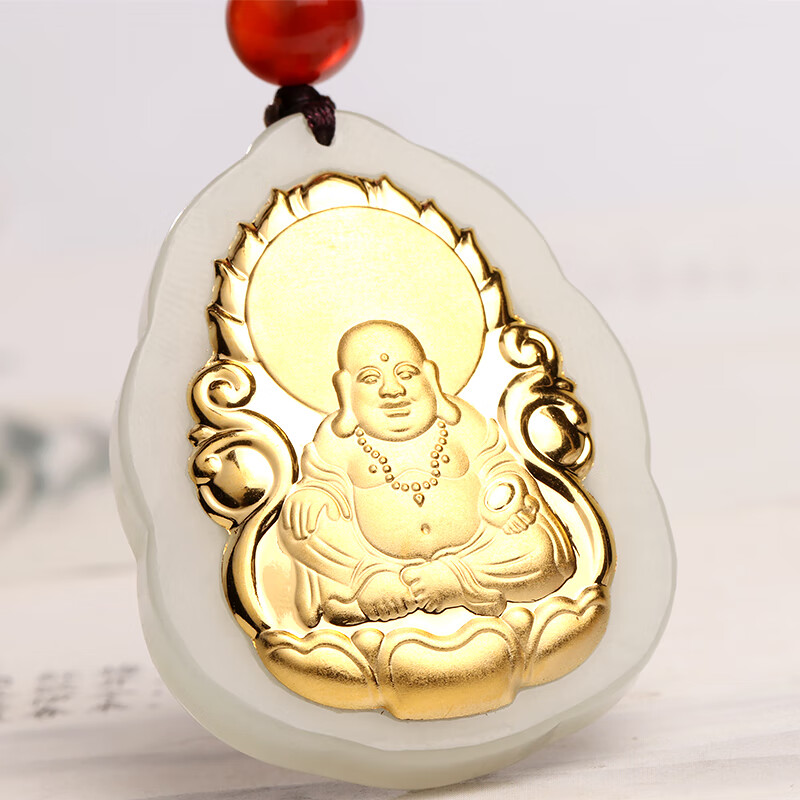天然和田玉白玉 足金金镶玉 弥勒笑佛佛公油润细腻 护身平安 挂件吊坠