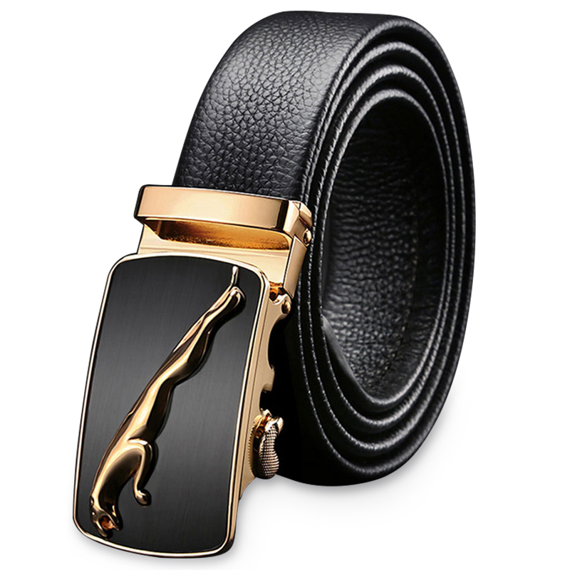 POACY真皮头层牛皮带 男士腰带捷豹子 情人节裤带男式款 礼盒装 807金【配银色扣】头层牛皮黑身 115cm 【默认发115cm】