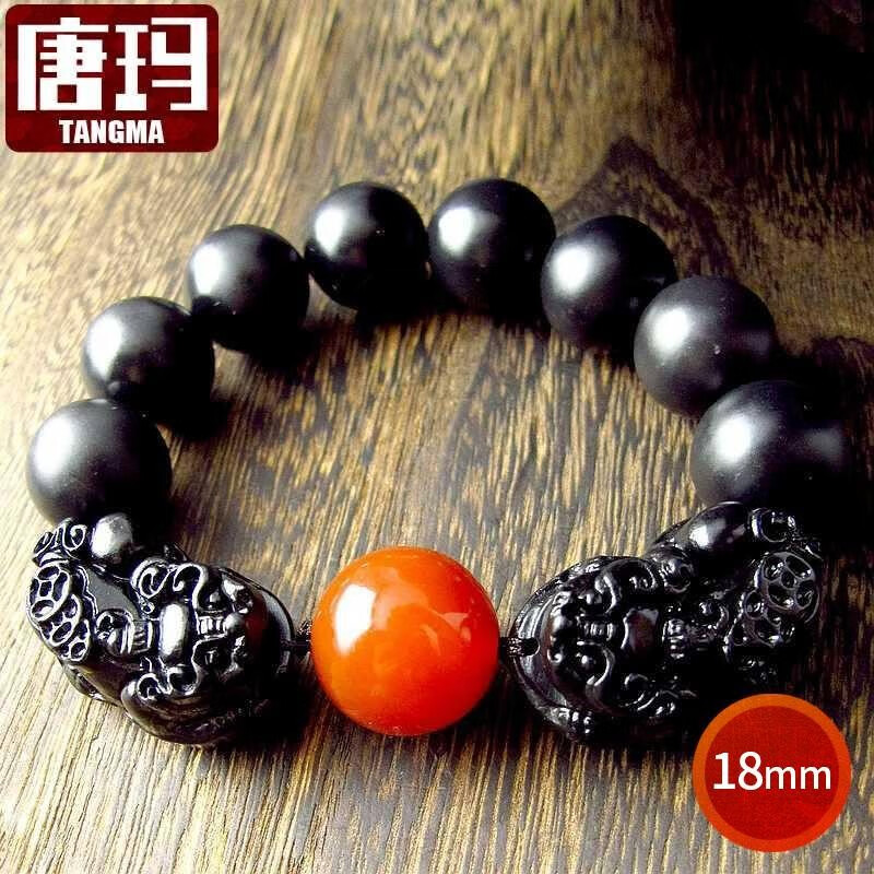 唐玛双貔貅天然泗滨砭石手链男泗水砭石手串男款18mm配红玛瑙