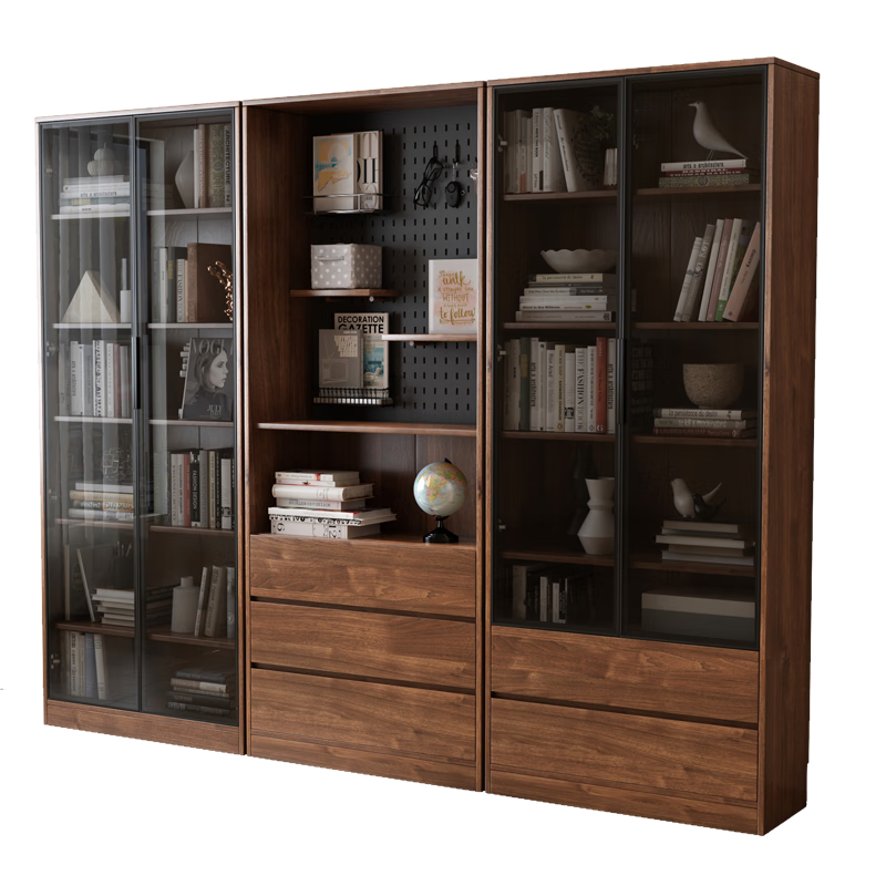 慕瀾實(shí)木書(shū)柜自由組合置物架辦公室帶玻璃展示柜收納儲物柜DIY洞洞板 SG-03+SG-05組合166*35*200CM