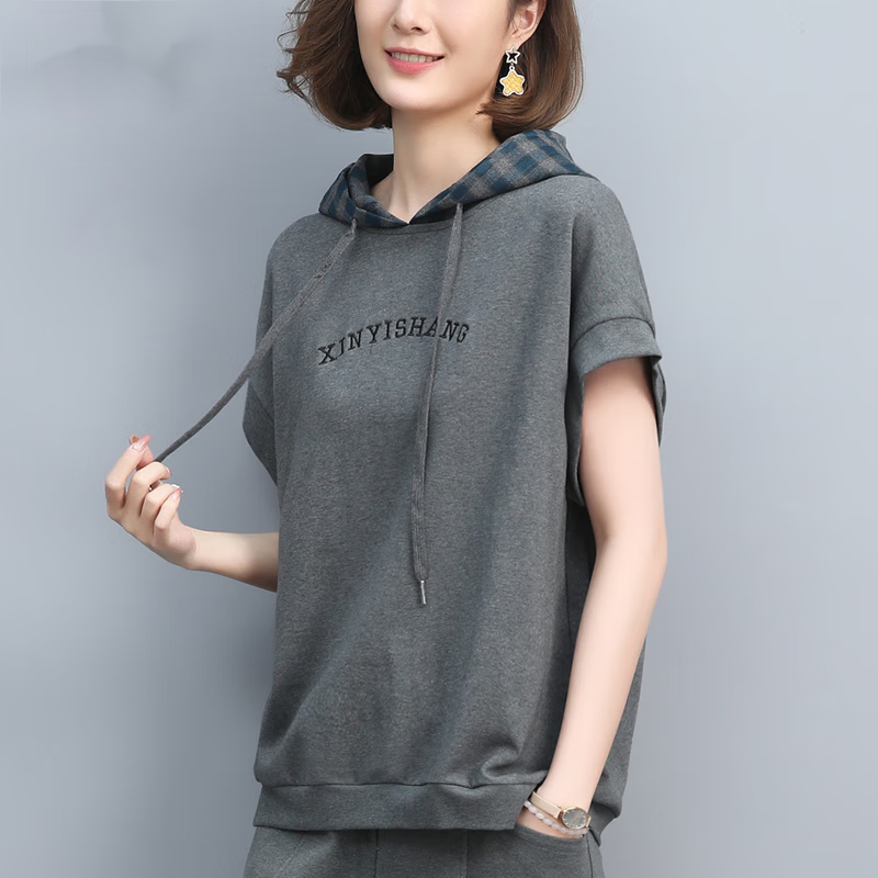 赛曼蝶夏天卫衣女带帽短袖连帽衫半截袖卫衣夏装老妈薄款溥宽松连帽